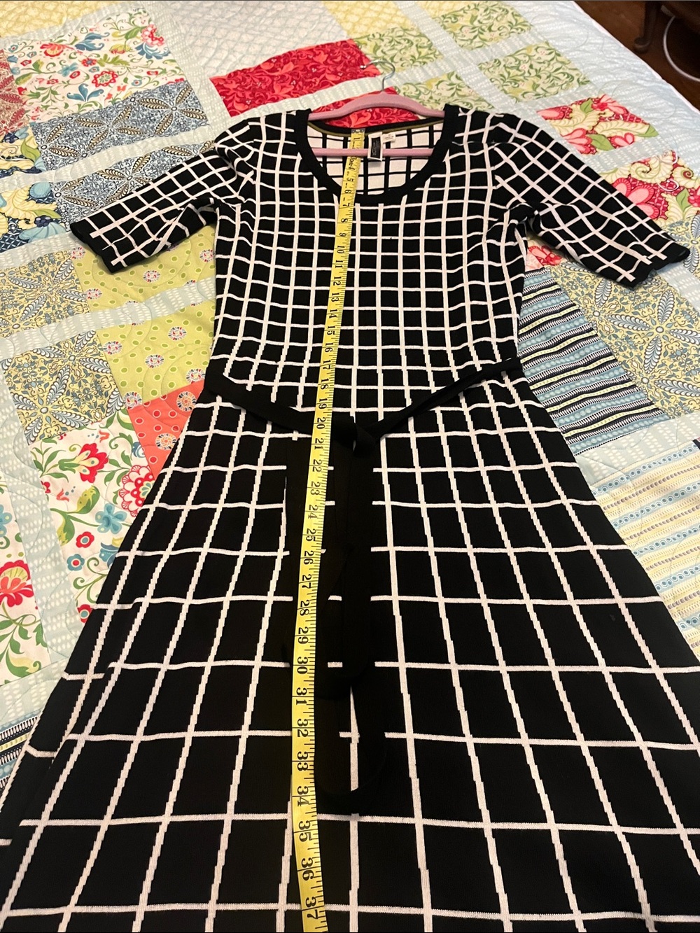 Black Windowpane Knit Dress with Belt by Julian Taylor
